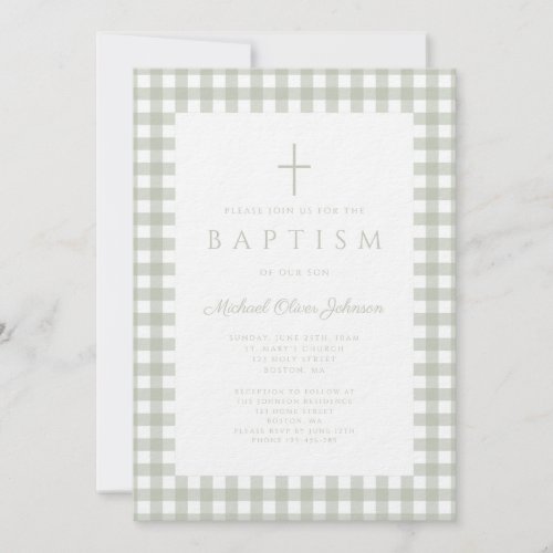 Elegant Sage Green Gingham Boy Baptism Invitation