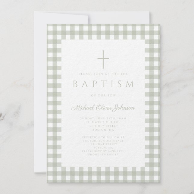Elegant Sage Green Gingham Boy Baptism Invitation (Front)