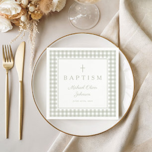 Elegant Sage Green Gingham Boy Baptism Napkins