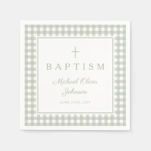 Elegant Sage Green Gingham Boy Baptism Napkins