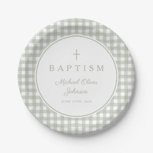 Elegant Sage Green Gingham Boy Baptism Paper Plates