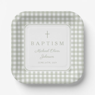 Elegant Sage Green Gingham Boy Baptism Paper Plates
