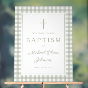 Elegant Sage Green Gingham Boy Baptism Welcome Acrylic Sign