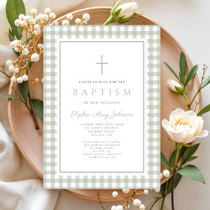 Elegant Sage Green Gingham Girl Baptism Invitation