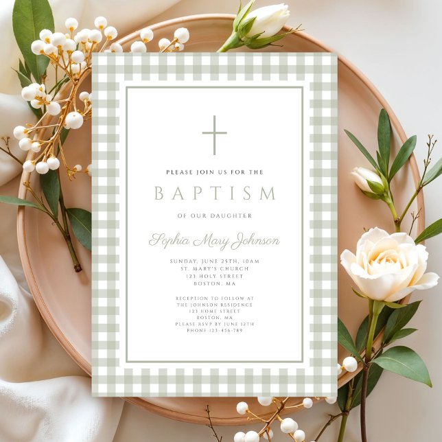 Elegant Sage Green Gingham Girl Baptism Invitation (Elegant Sage Green Gingham Girl Baptism Invitation)