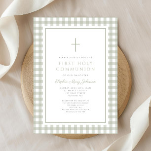 Elegant Sage Green Gingham Girl First Communion Invitation