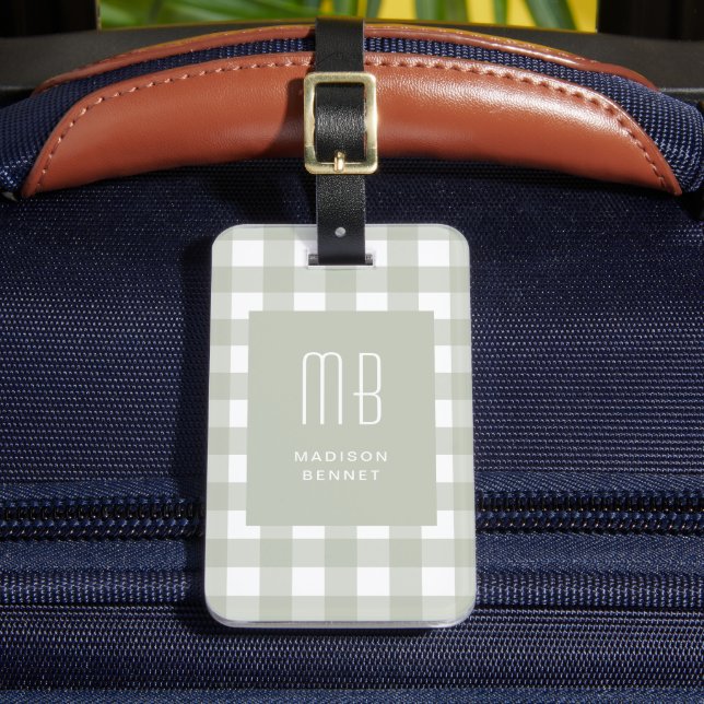Elegant Sage Green Gingham Monogram Luggage Tag (Front Insitu 2)