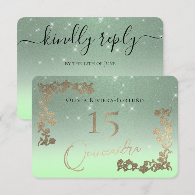 Elegant Sage Green Glitter Chic Floral Quinceanera RSVP Card (Front/Back)