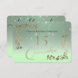 Elegant Sage Green Glitter Chic Floral Quinceanera RSVP Card