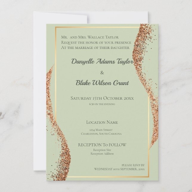 Elegant Sage Green & Glitter Wedding Invitation (Front)