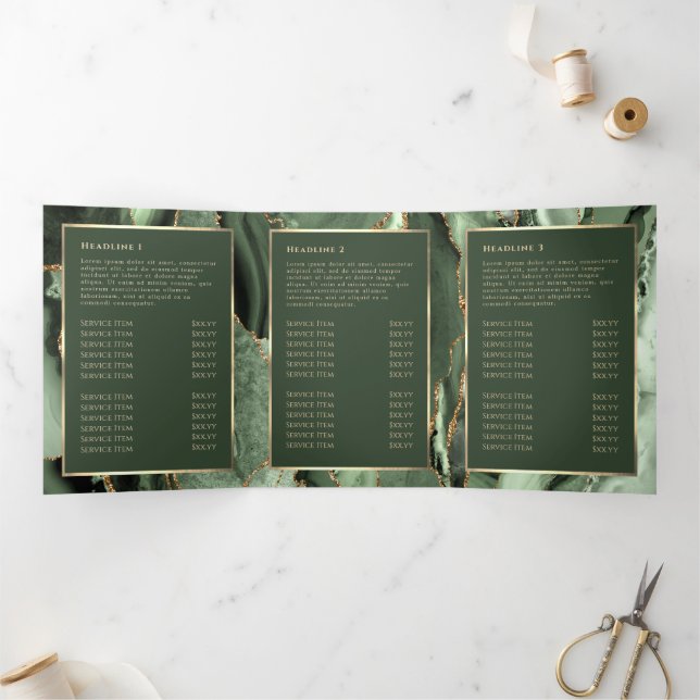 Elegant Sage Green Gold Agate Trifold Brochure (Inside)