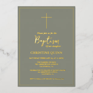Elegant Sage Green & Gold Baptism & Christening Foil Invitation