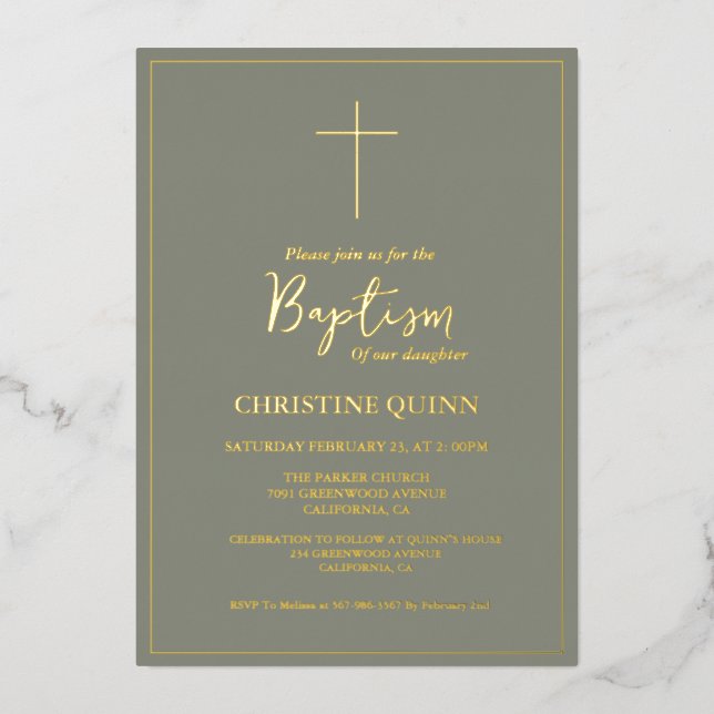 Elegant Sage Green & Gold Baptism & Christening  Foil Invitation (Front)
