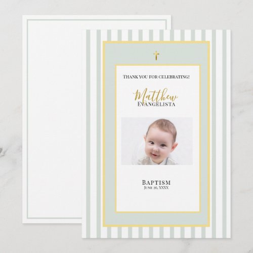 Elegant Sage Green Gold Baptism Thank You Card