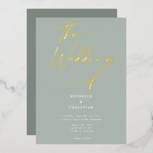 Elegant Sage Green Gold Calligraphy Script Wedding Foil Invitation