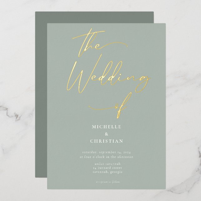 Elegant Sage Green Gold Calligraphy Script Wedding Foil Invitation (Front/Back)
