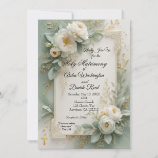 Elegant Sage Green & Gold Christian Wedding Invitation