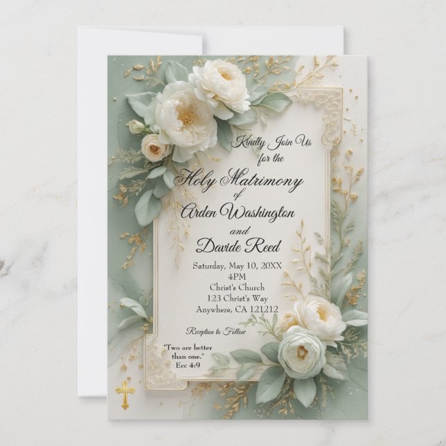 Elegant Sage Green & Gold Christian Wedding  Invitation (Front)