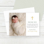 Elegant Sage Green Gold Cross Baptism Photo Thank You Card<br><div class="desc">This elegant baby girl baptism or christening thank you card features a customizable baby photo alongside stylish green, gold, and soft black text accented by a simple gold cross. The "Thank You" text and personalized message can be fully customized with your family's name and gratitude message. A sage green background...</div>