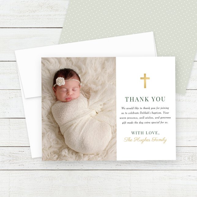 Elegant Sage Green Gold Cross Baptism Photo Thank You Card (Creator Uploaded)
