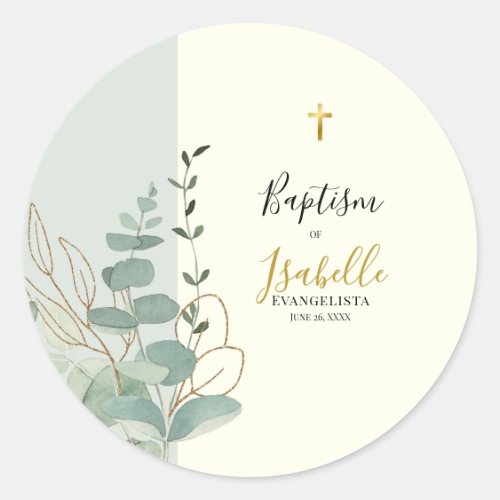 Elegant Sage Green Gold Eucalyptus Baptism Classic Round Sticker