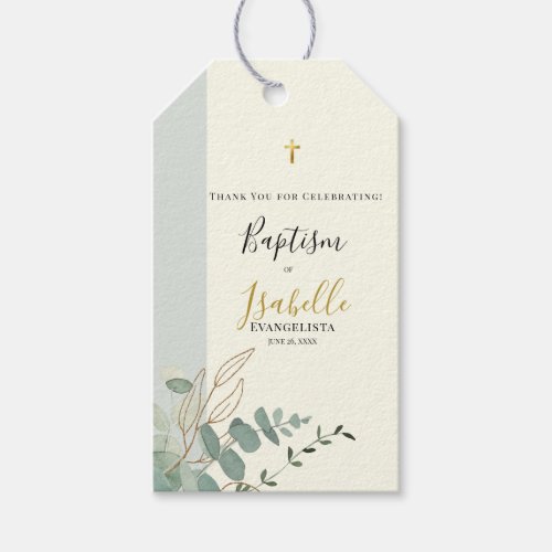 Elegant Sage Green Gold Eucalyptus Baptism Gift Tags