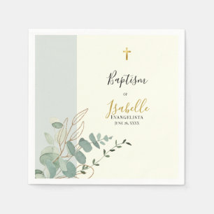 Elegant Sage Green Gold Eucalyptus Baptism Napkins