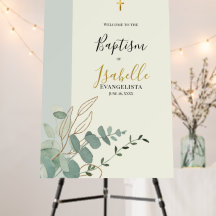Elegant Sage Green Gold Eucalyptus Baptism Welcome