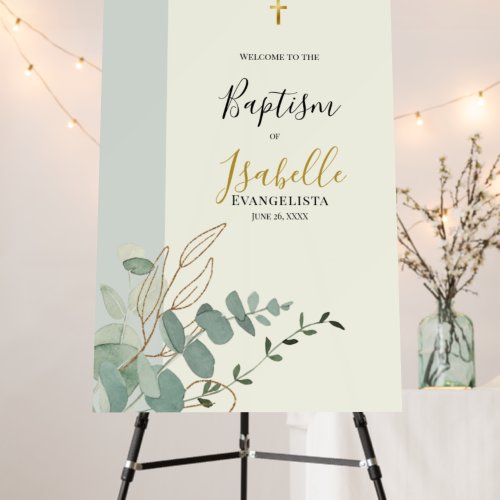Elegant Sage Green Gold Eucalyptus Baptism Welcome Foam Board