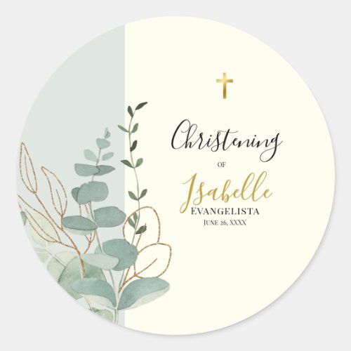 Elegant Sage Green Gold Eucalyptus Christening Classic Round Sticker