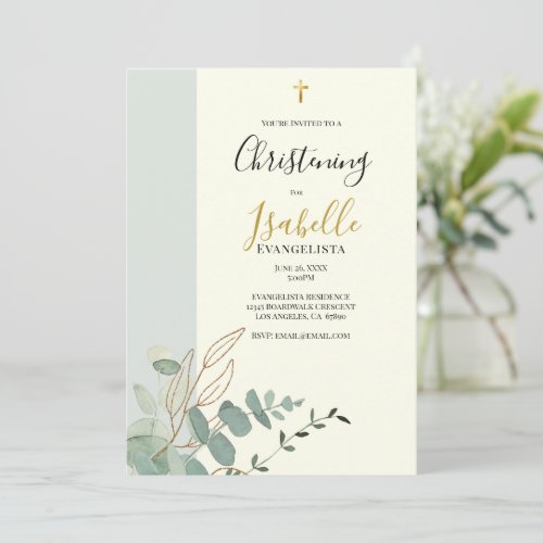 Elegant Sage Green Gold Eucalyptus Christening Invitation