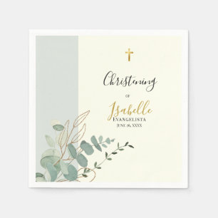 Elegant Sage Green Gold Eucalyptus Christening Napkins