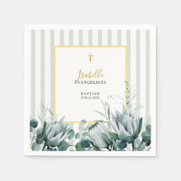 Elegant Sage Green Gold Floral Baptism Napkins