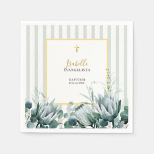 Elegant Sage Green Gold Floral Baptism Napkins