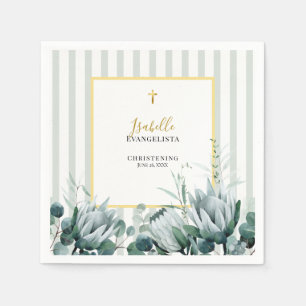 Elegant Sage Green Gold Floral Christening Napkins