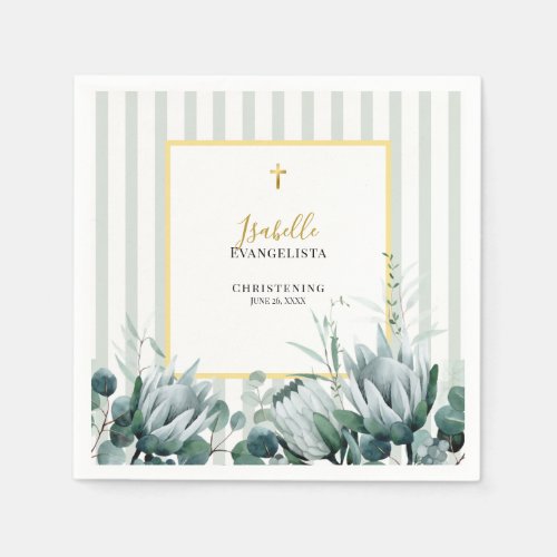 Elegant Sage Green Gold Floral Christening Napkins