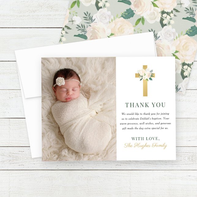 Elegant Sage Green Gold Floral Cross Baptism Thank You Card (Creator Uploaded)