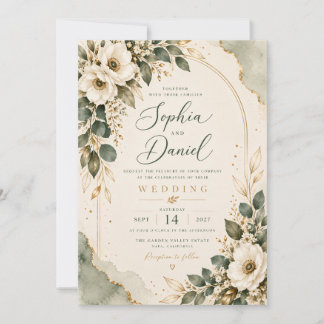 Elegant Sage Green & Gold Floral Wedding Invitatio