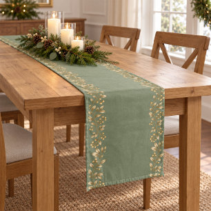 Elegant Sage Green Gold Foliage Christmas Long Table Runner