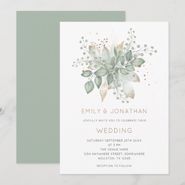 Elegant Sage Green Gold Foliage Wedding Invitation (Front/Back)