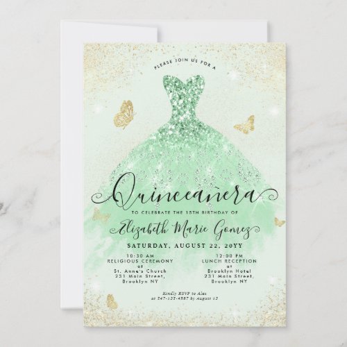 Elegant Sage Green Gold Glitter Gown Quinceanera Invitation