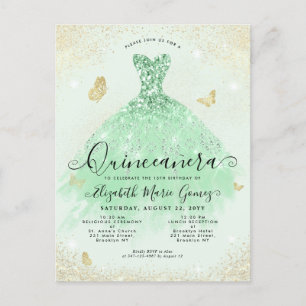 Elegant Sage Green Gold Glitter Gown Quinceanera Postcard