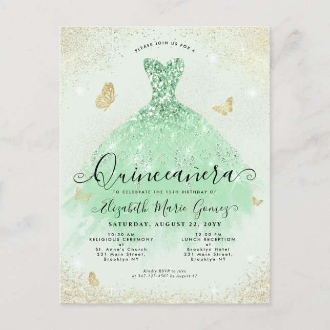 Elegant Sage Green Gold Glitter Gown Quinceanera Postcard (Front)
