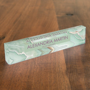 Elegant Sage Green Gold Glitter Office Desk Name Plate