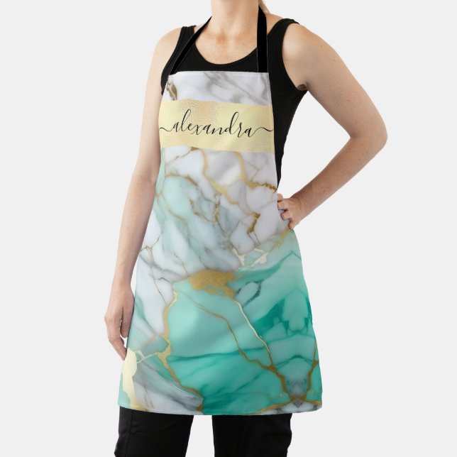 Elegant Sage Green Gold Marble Stone Custom Apron (Insitu)