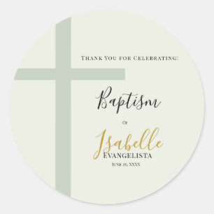 Elegant Sage Green Gold Minimal Cross Baptism Classic Round Sticker