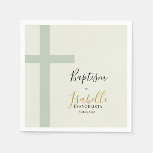 Elegant Sage Green Gold Minimal Cross Baptism Napkins