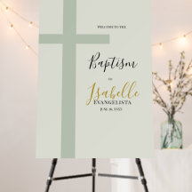 Elegant Sage Green Gold Minimal Cross Baptism Sign