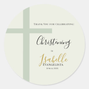 Elegant Sage Green Gold Minimal Cross Christening Classic Round Sticker