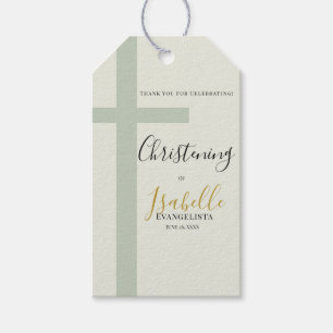 Elegant Sage Green Gold Minimal Cross Christening Gift Tags